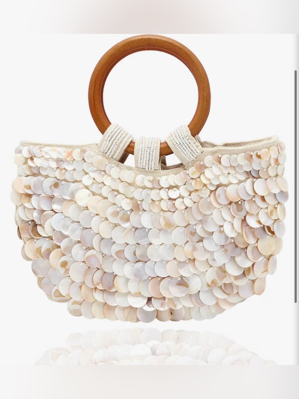 Beaded Shell Circle-Handle Tote in Cream